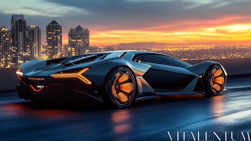 Futuristic low-profile supercar on rooftop at sunset.