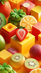 Geometric fruit carnival with glossy cubes and sliced color storms.