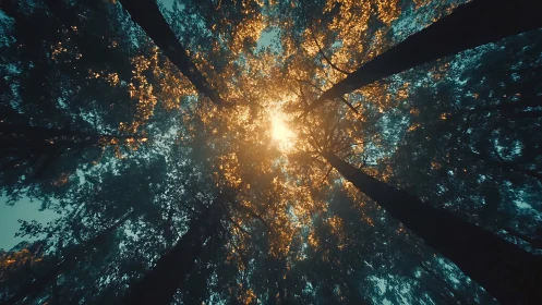 Upward Forest Canopy Through Sunlit Teal Foliage.