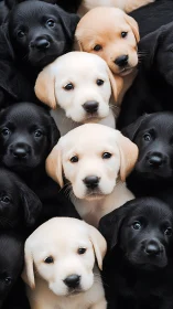 Yellow and black labrador puppies form dense portrait cluster