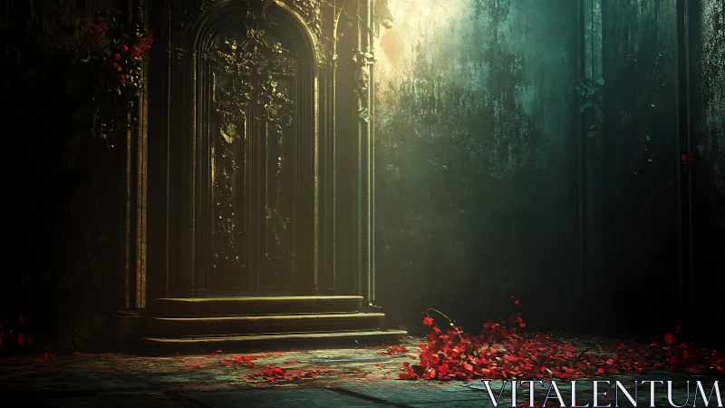 Gothic door glows over crimson petals in decayed hall.