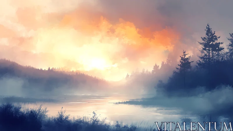 Sunrise mist rolls over a tranquil forest lake in silence