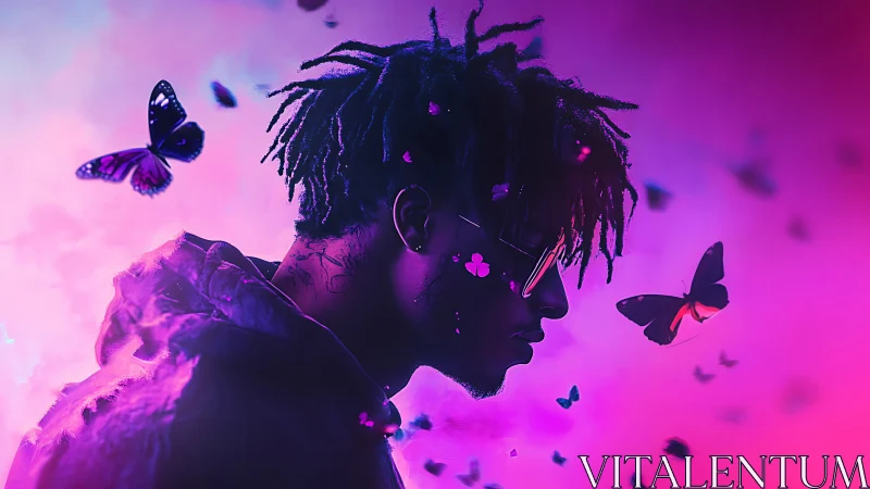 Neon portrait silhouette with luminous purple butterflies