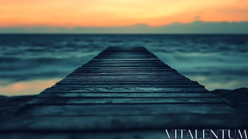 Wooden pier extending into calm sea at dusk horizon.