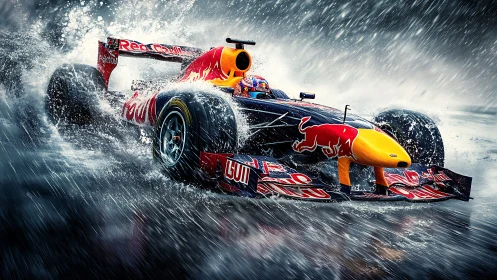 Formula One car cutting through heavy rain spray at speed.