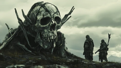 Giant decayed skull looms over two cloaked wanderers.