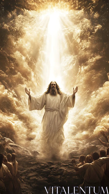 Radiant figure rising through golden clouds of light and hope.