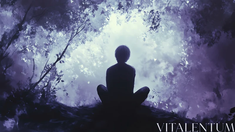 Solitary silhouette beneath luminous violet forest sky.