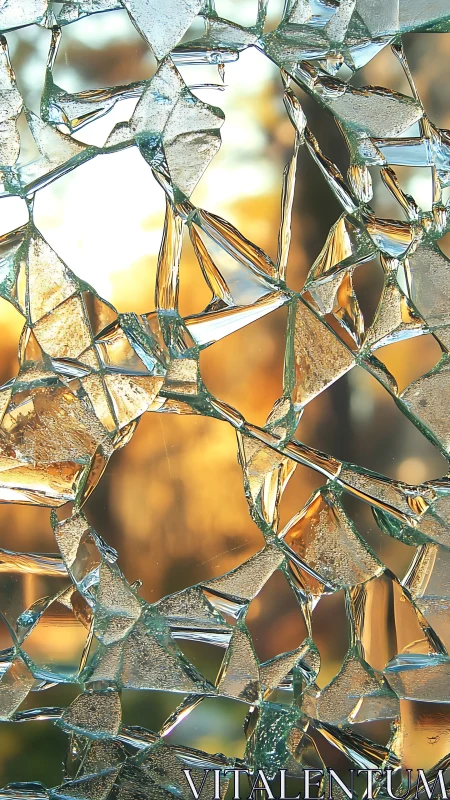 Fractured safety glass lattice with sunset bokeh transmission.