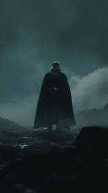 Shadowed armored figure listens to the storm-tossed horizon