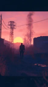 Lone wanderer crosses ruined road under toxic sunset.