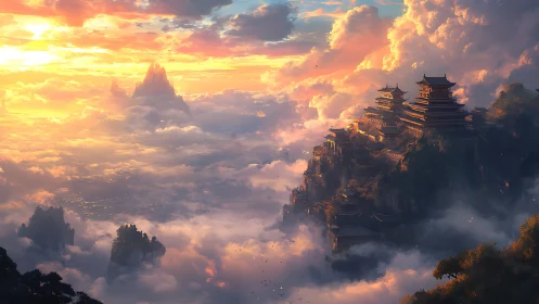 Sunrise temples drifting above a glowing sea of clouds.