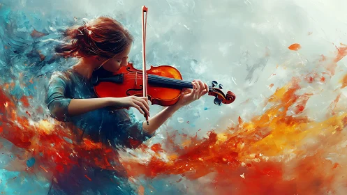 Woman plays violin amid dynamic swirling color bursts