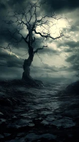 Solitary dead tree against storm-lit sky in dark landscape