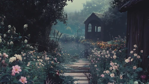 Moonlit garden path leads to a misty lakeside pavilion