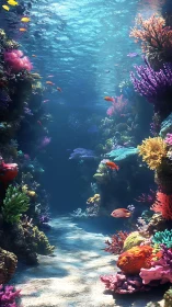 Coral reef passage with tropical fish and filtered sunlight.