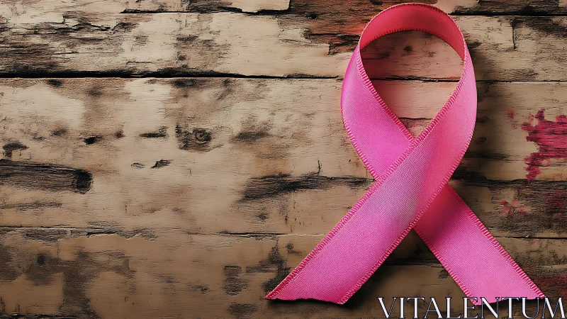 Pink Ribbon Symbol for Breast Cancer Awareness on Rustic Wood.