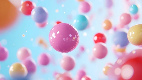 Colorful glossy spheres floating in bright blue space.