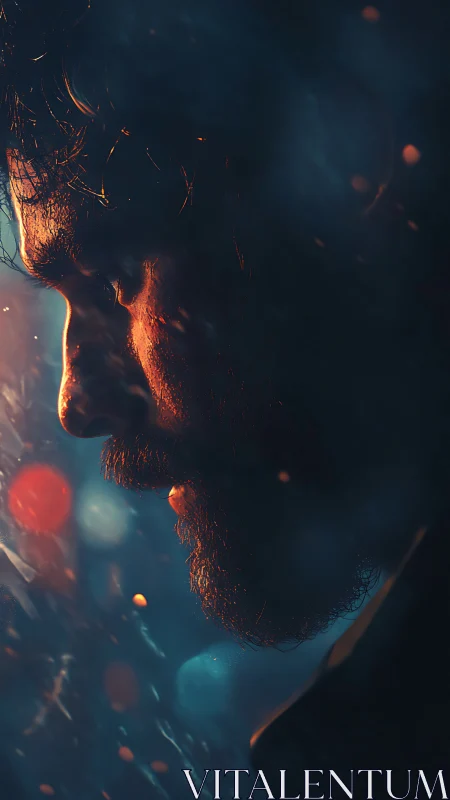Moody male profile under bokeh-lit rain with dramatic rim lighting