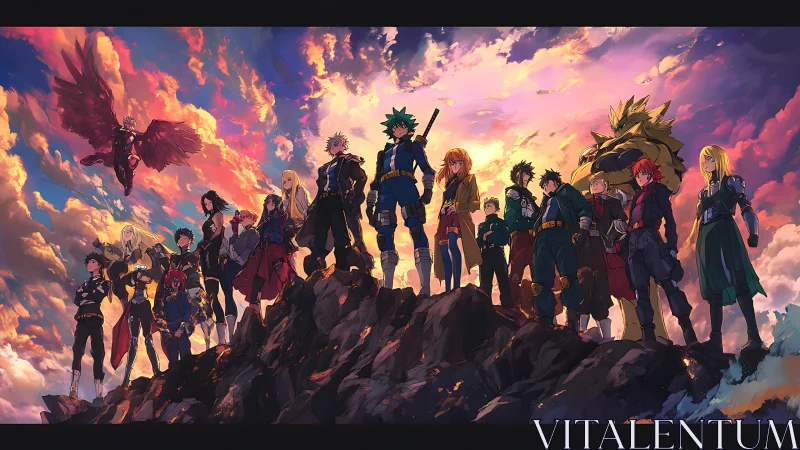 United heroes stand tall beneath a blazing painted sky.