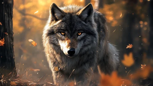 Autumn backlit gray wolf with cinematic depth of field focus.