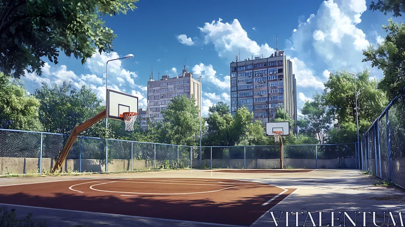 Sunlit urban basketball court rests beneath summer clouds.