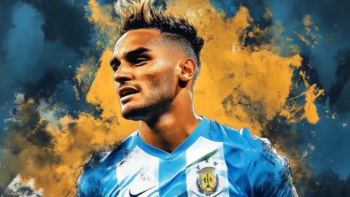 Football portrait radiates bold blue and gold energy.