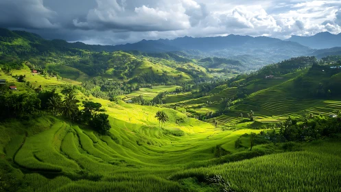 Sunlit rice terraces curve through dramatic green valley.