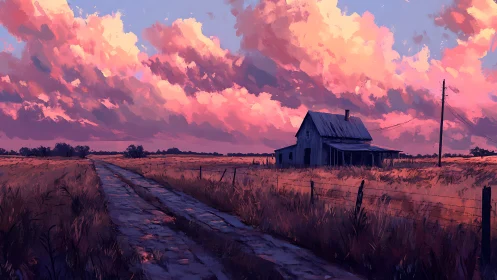 Country road at sunset leading to a quiet, cozy farmhouse.