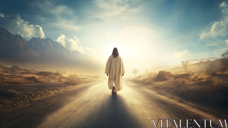 Solitary robed figure walking into a sunlit desert horizon.