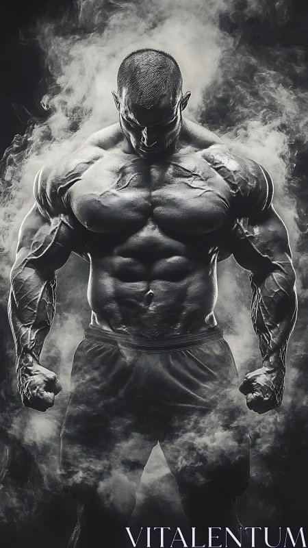Smoky steel-strong bodybuilder framed in rising mist.