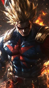 Brooding armored superhero amid blazing embers and sparks.