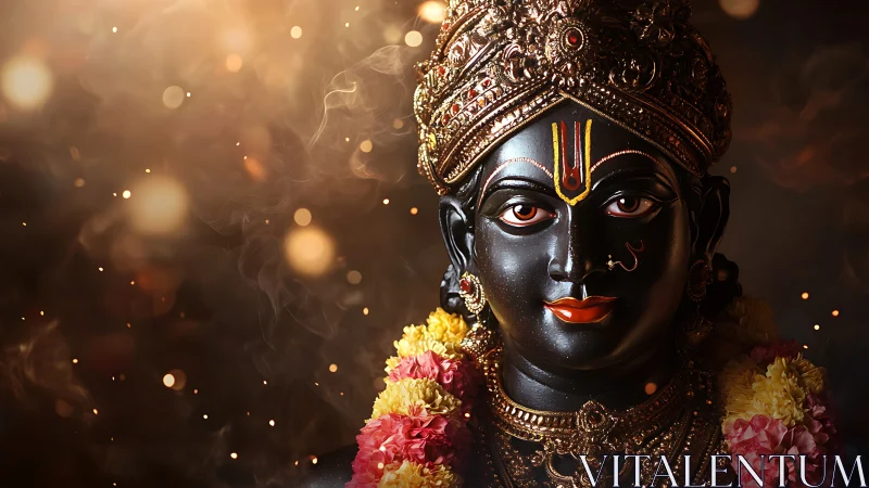 Black stone deity sculpture with garlands and ornaments.