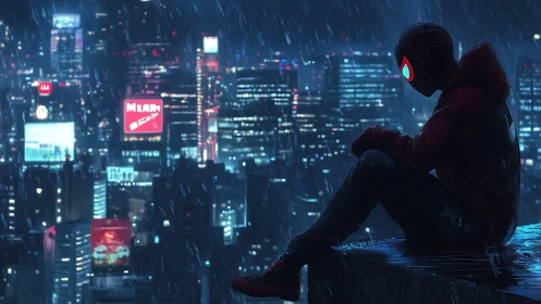 Masked urban vigilante contemplates a neon city in rain.