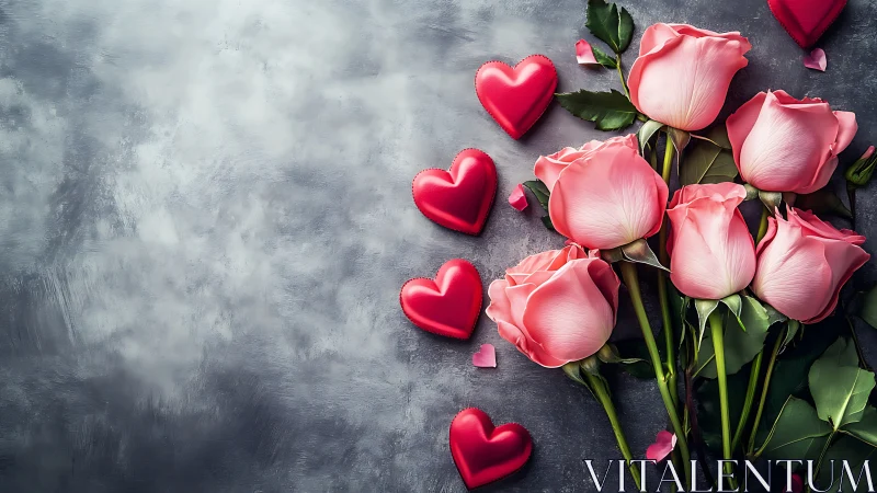Pink Roses and Red Hearts on Grey Textured Surface