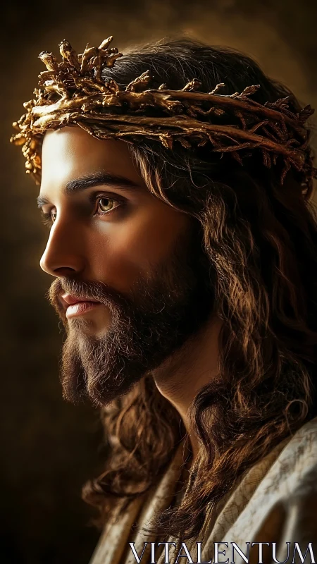Photorealistic bearded man in profile with ornate thorn crown