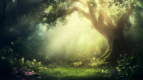 Luminescent Forest Sanctuary with Towering Ancient Oak.