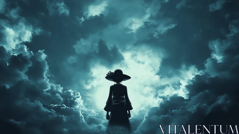 Silhouetted wanderer framed by stormlit cyan cloud vortex.