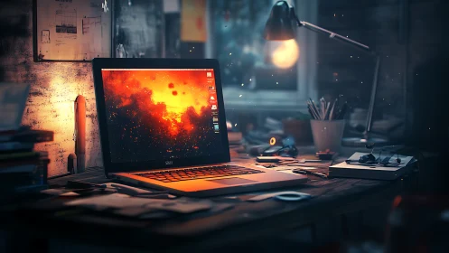 Laptop volcano glow on a midnight maker’s cluttered desk.