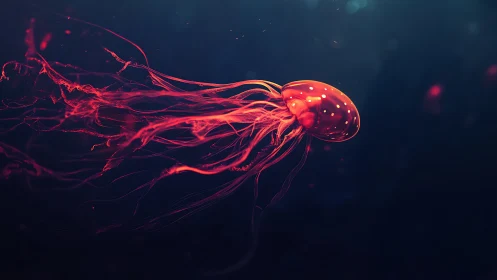 Neon jellyfish pirouettes through midnight water like fire