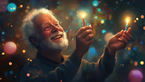 Elder spark gathers birthday wishes in glowing candlelight.