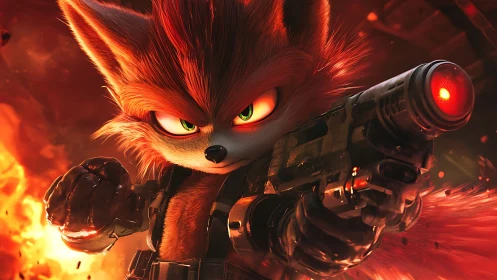 Armed fox space warrior aims glowing blaster in firestorm