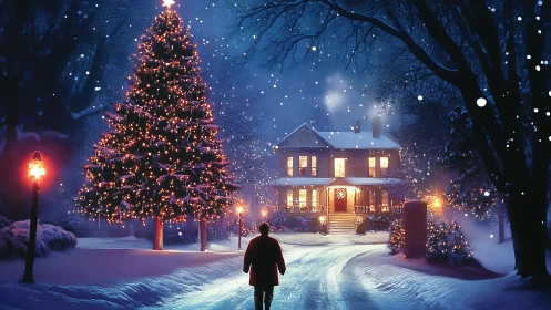 Snowy Christmas walk toward a warmly glowing family home.