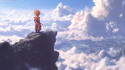 Saiyan warrior stands on high cliff above luminous clouds