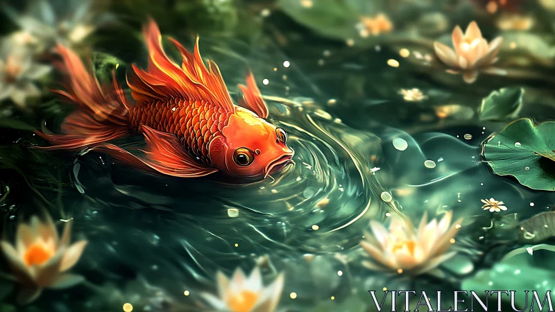 Gentle golden koi drifting through a dreamy lily pond.