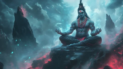 Divine blue yogi meditating over stormlit cosmic peaks.