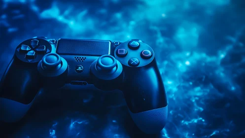 DualShock style controller under neon blue game glow.