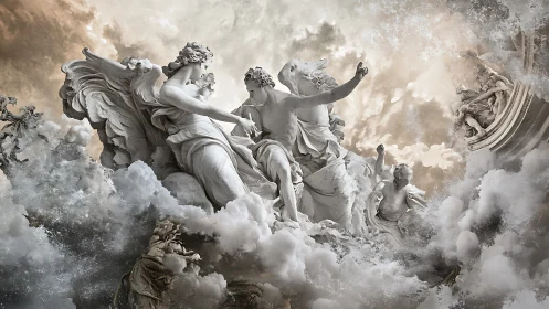 Baroque-style marble figures amid clouds and sky forms.