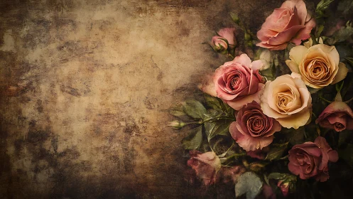 Aged Floral Arrangement: Vintage Rose Composition with Distressed Textured Background.