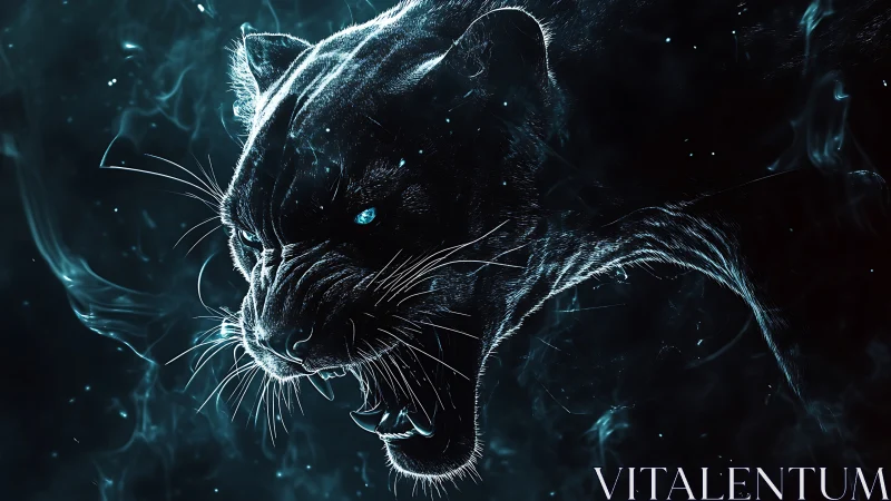Black Panther with Luminescent Blue Eyes in Cosmic Darkness.